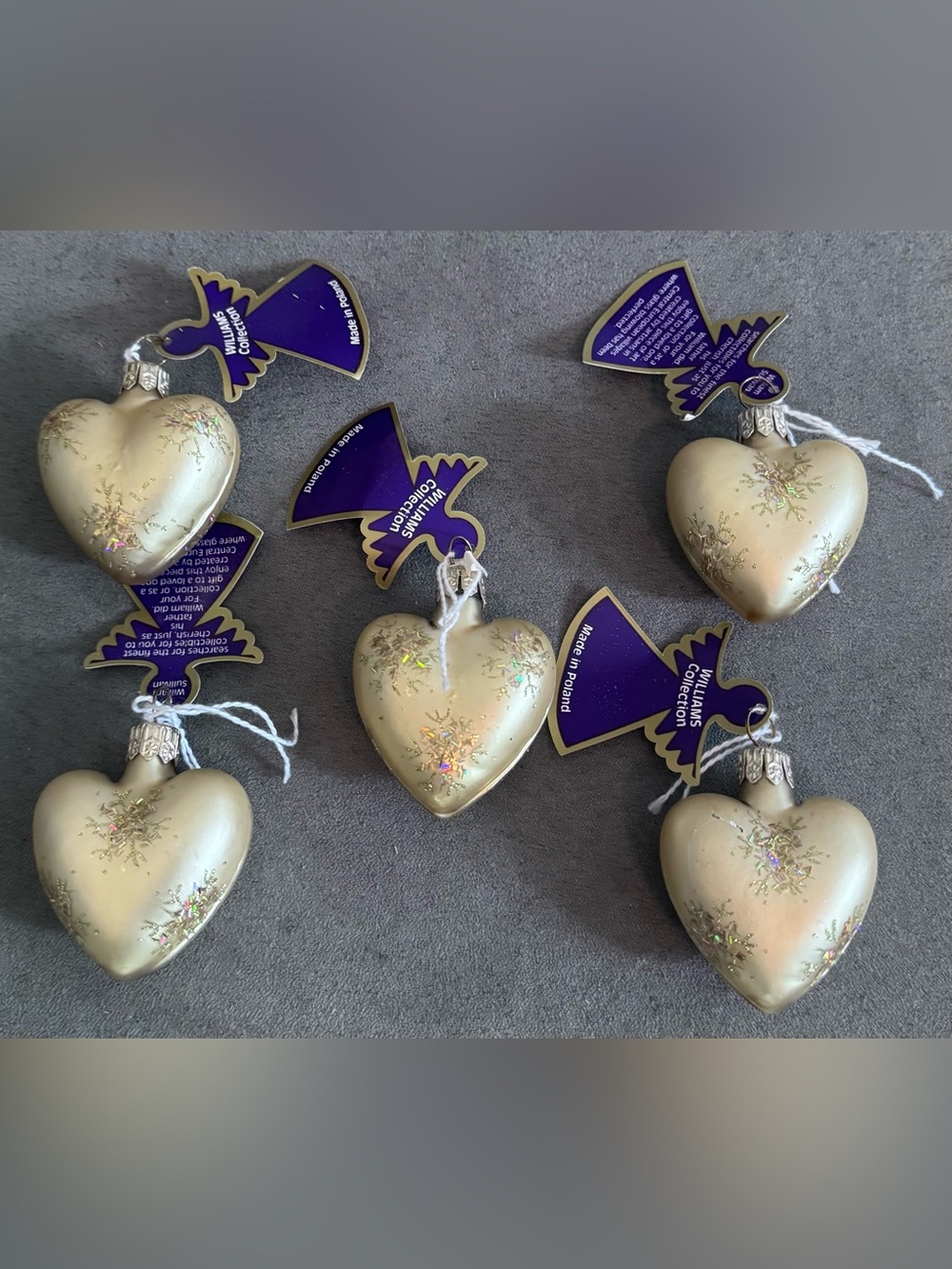 Williams Collection Set of Five Handblown Gold Heart Ornaments Made in Poland